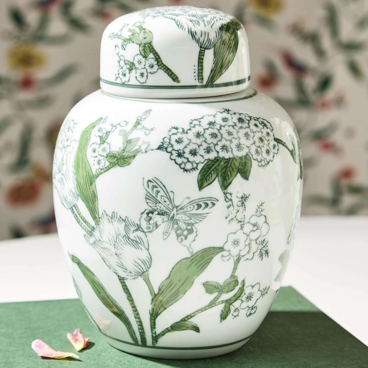 7 1/2" Primrose and Lotus Green and White Chinoiserie Ginger Jar with Lid - Image 3
