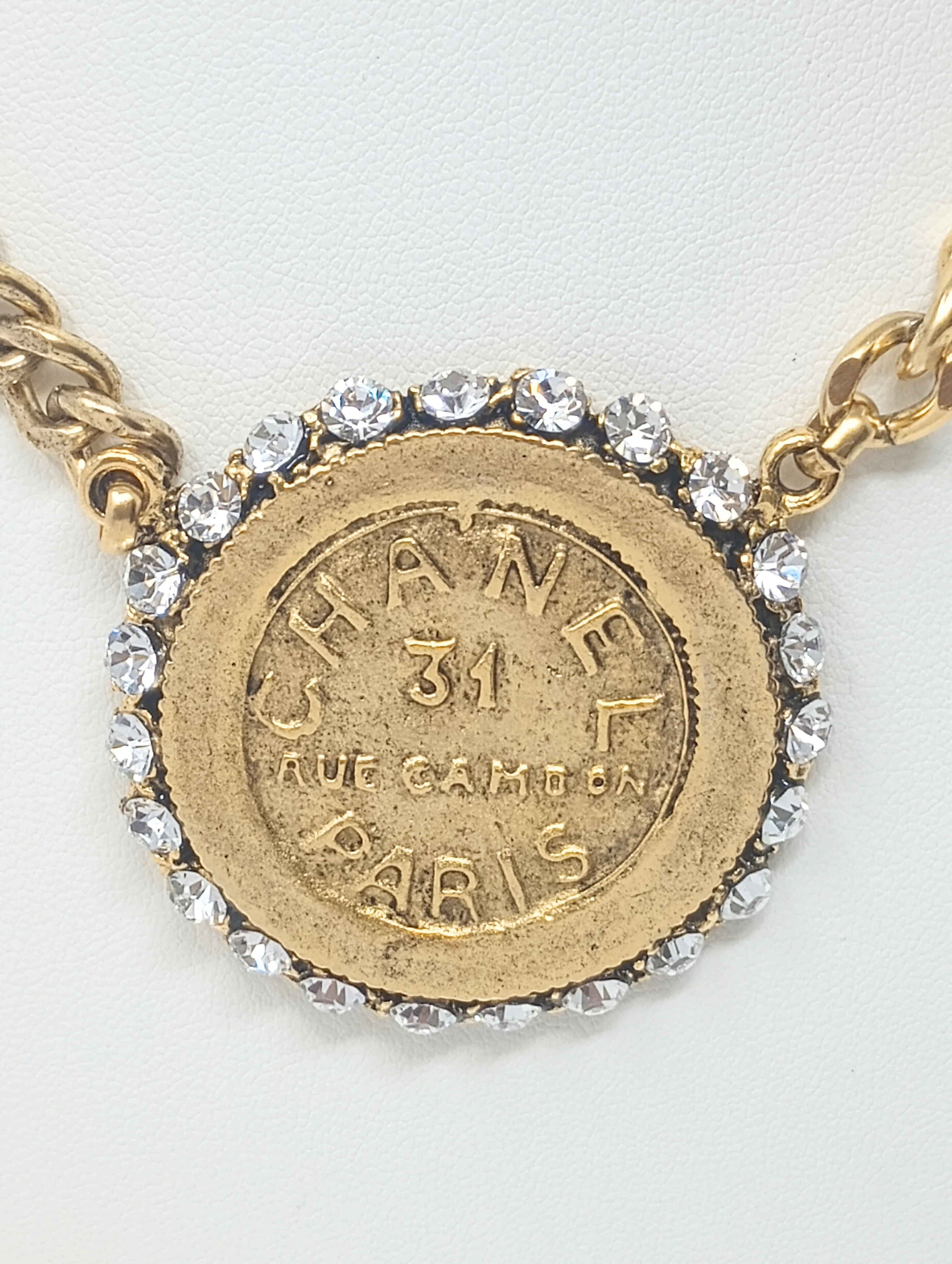 7.5" Gold Chain Necklace with Chanel Type Coin Pendant with Rhinestones