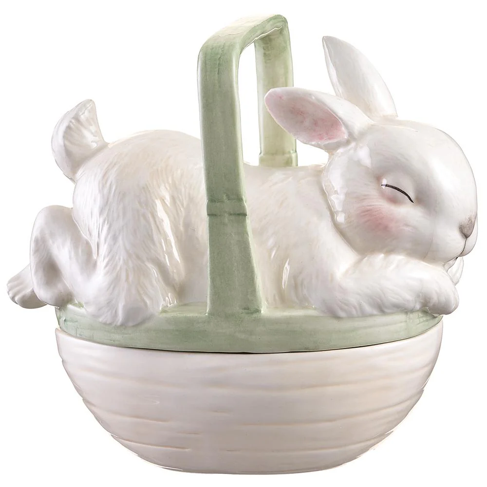 7 Inch Ceramic Bunny Basket With Lid Cream Seafoam