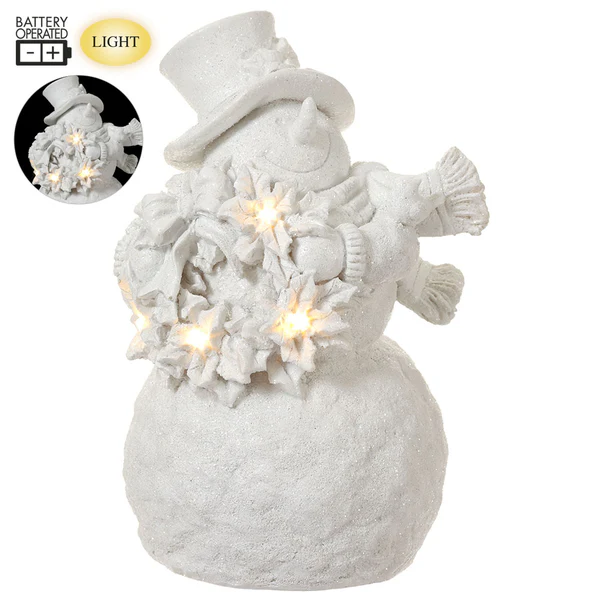 7.75" Battery Operated Snowman Holding A Wreath With Light - White - Image 2