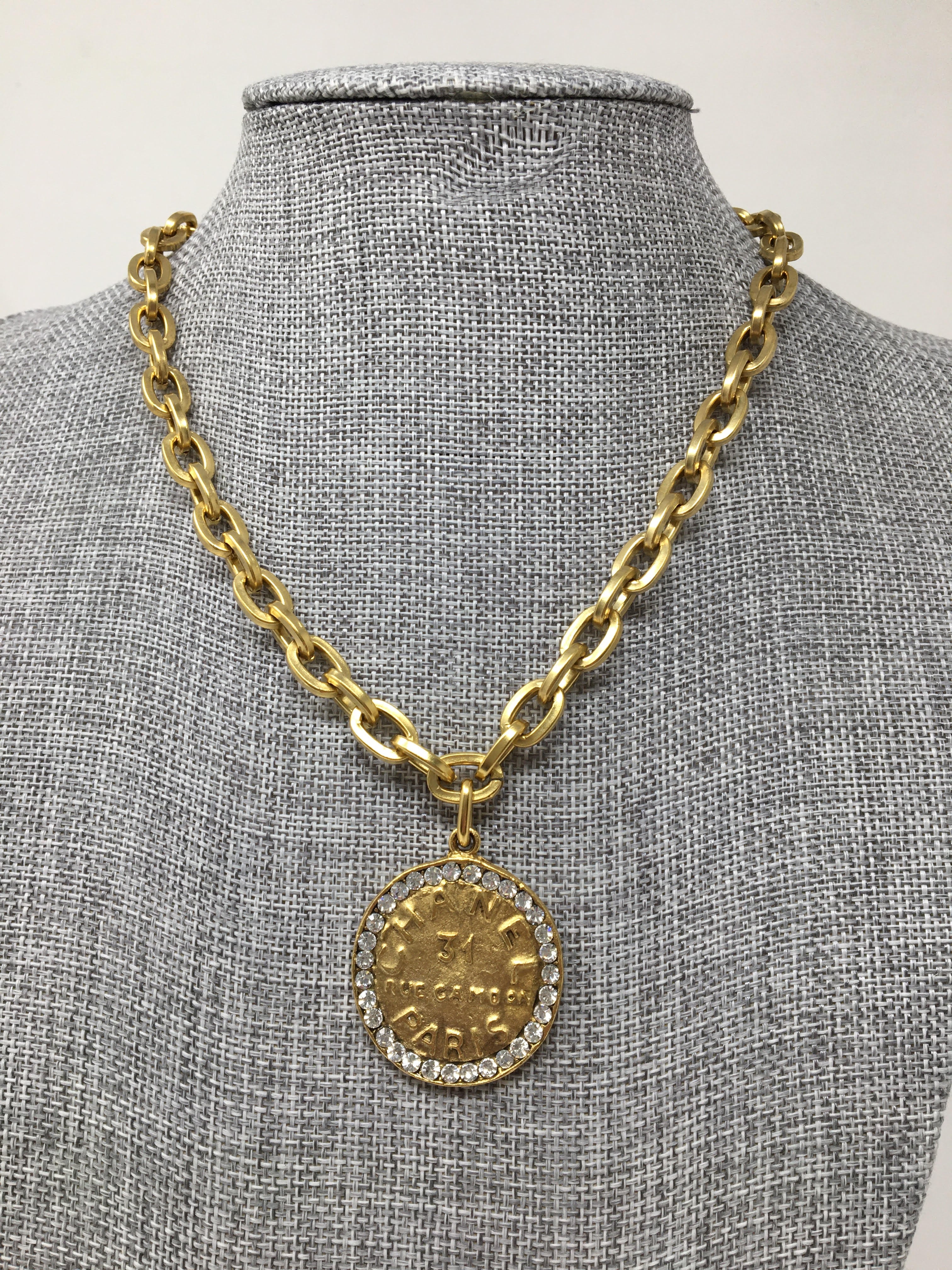 8.5" Gold Link Chain with Chanel Type Coin with Rhinestones