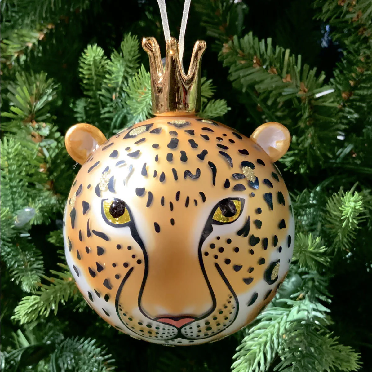 80mm Hand-blown Leopard Bauble Porcelain Crown Cap Black-Gold