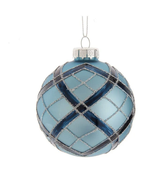 80MM Plaid Navy and Matte Blue Glass Ball Ornament