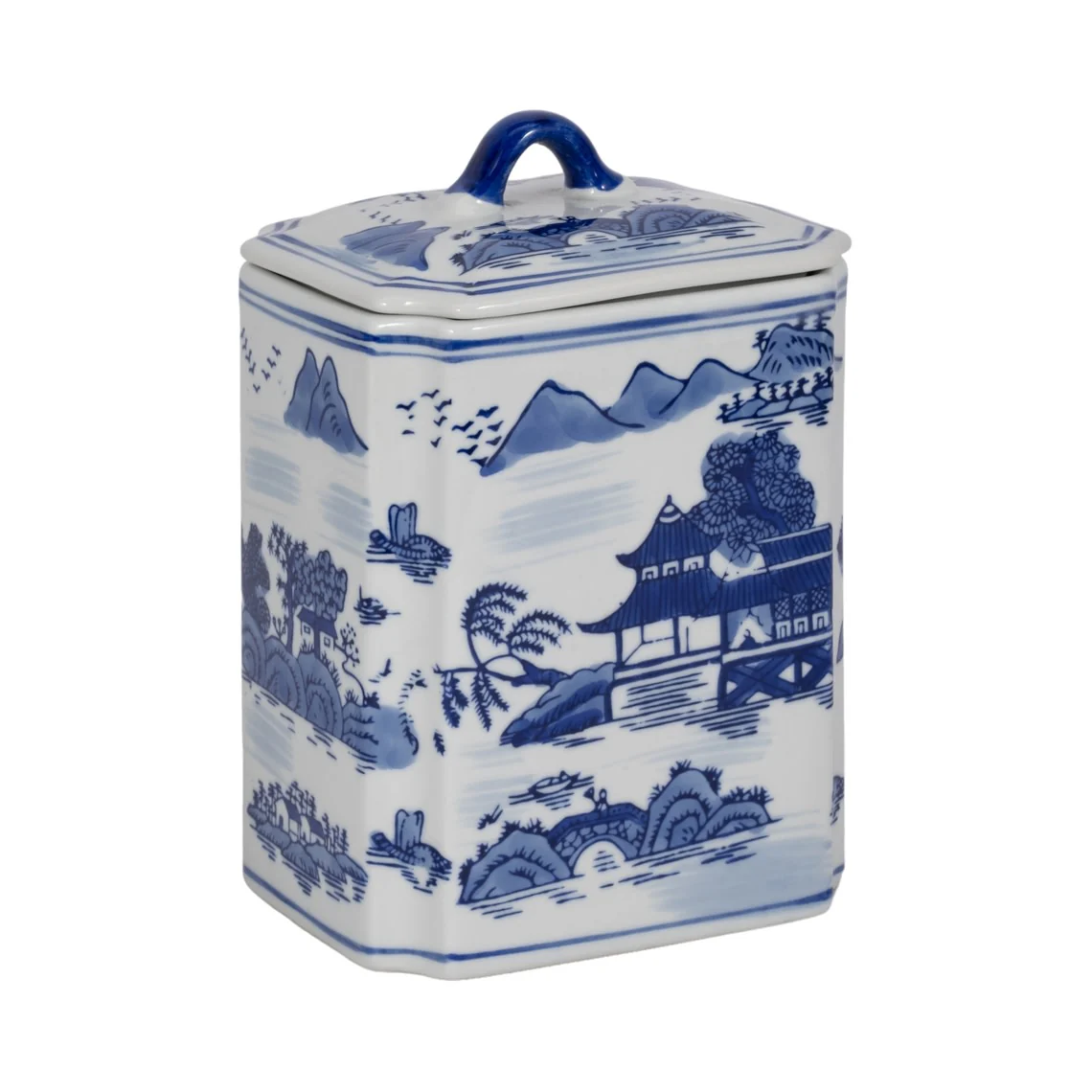 8 in. Blue Ceramic Rectangular Lidded Decorative Jar - Image 2