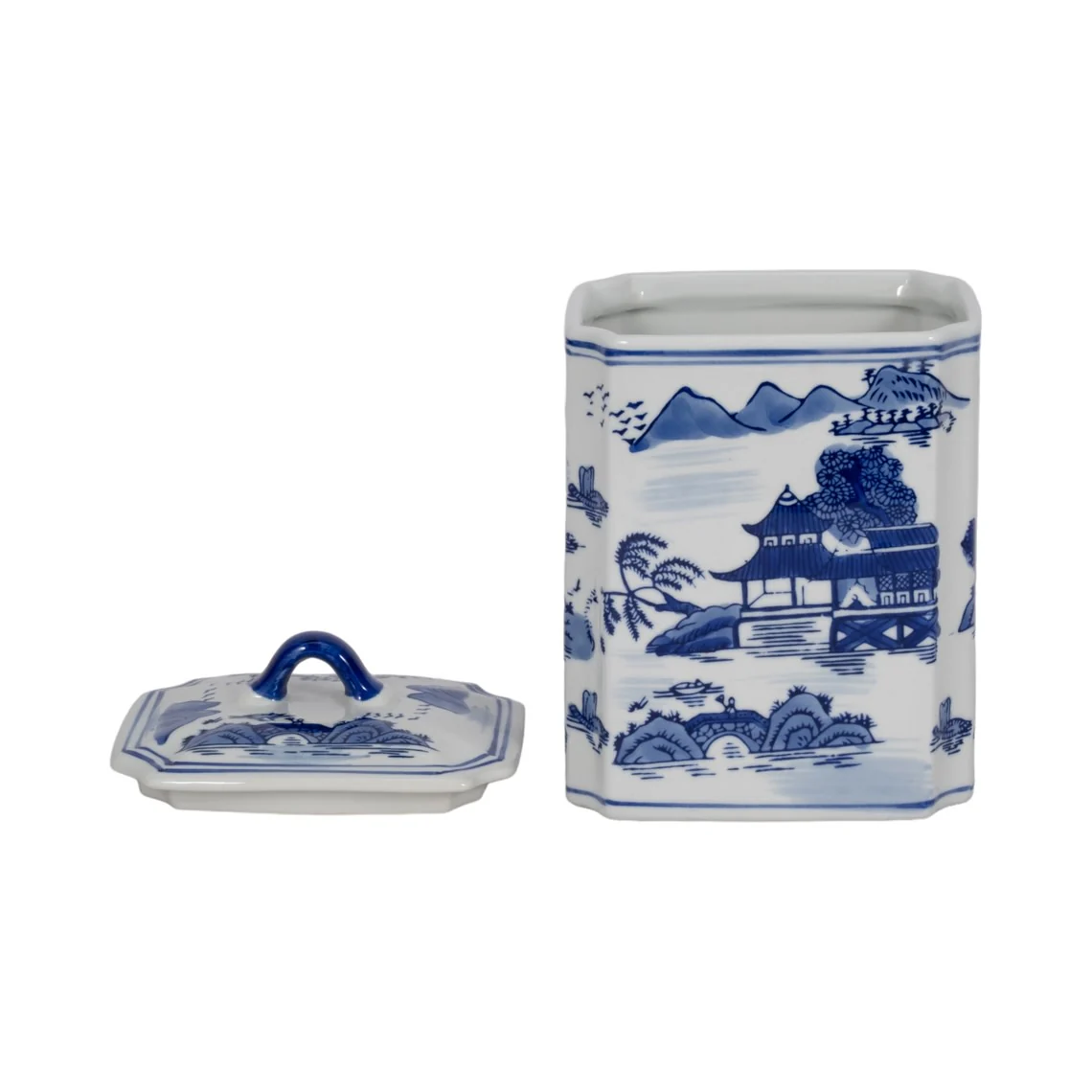 8 in. Blue Ceramic Rectangular Lidded Decorative Jar - Image 4