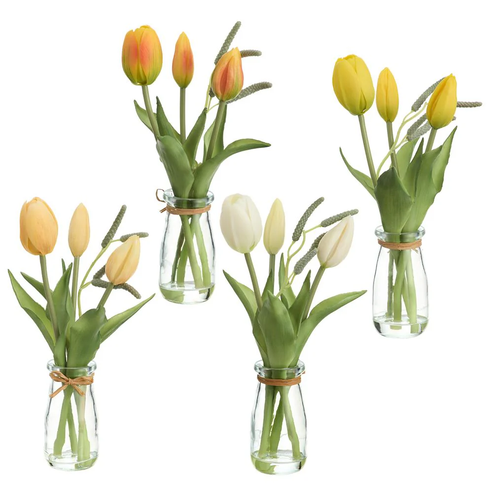 9 Inch Tulip in Glass Vase, Cream Yellow - Sold Individually