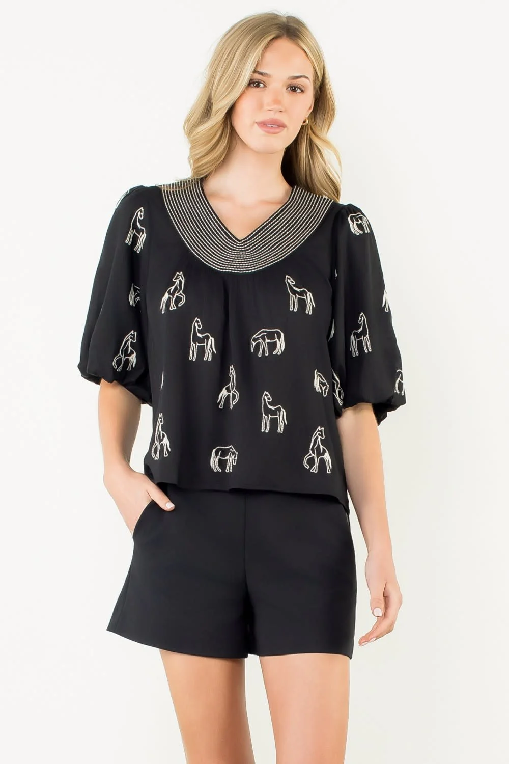 Abigail Embroidered Horse Puff Sleeve Top - Image 5