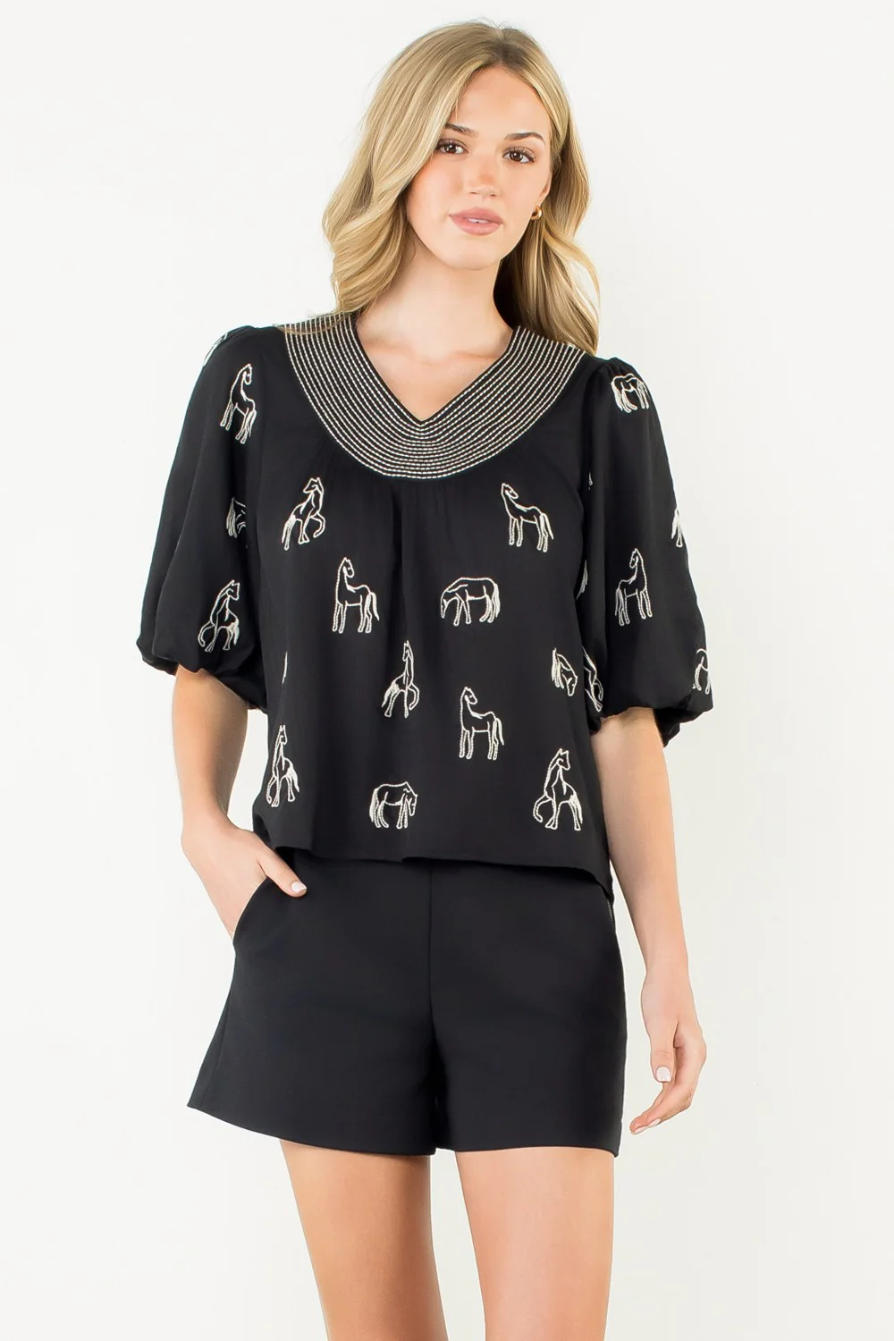 Abigail Embroidered Horse Puff Sleeve Top - Image 6