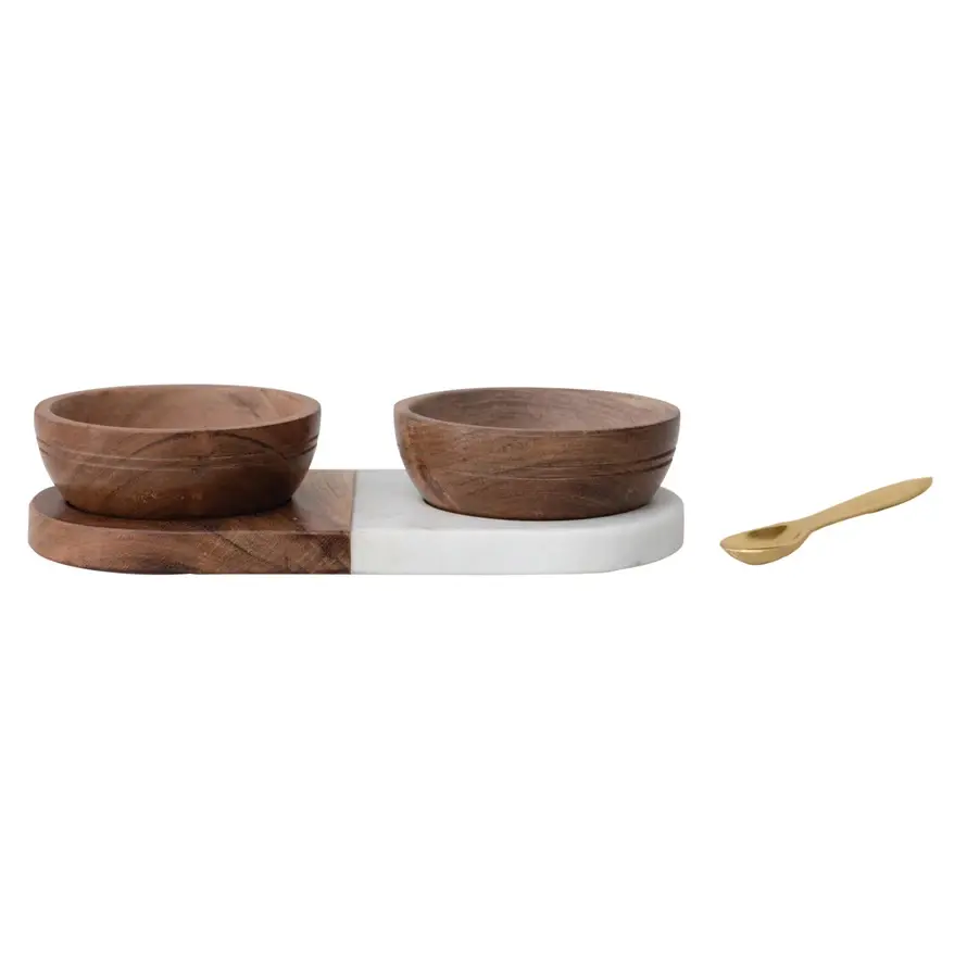 Marble/Acacia WoodTray w 2 Bowls & Brass Spoon