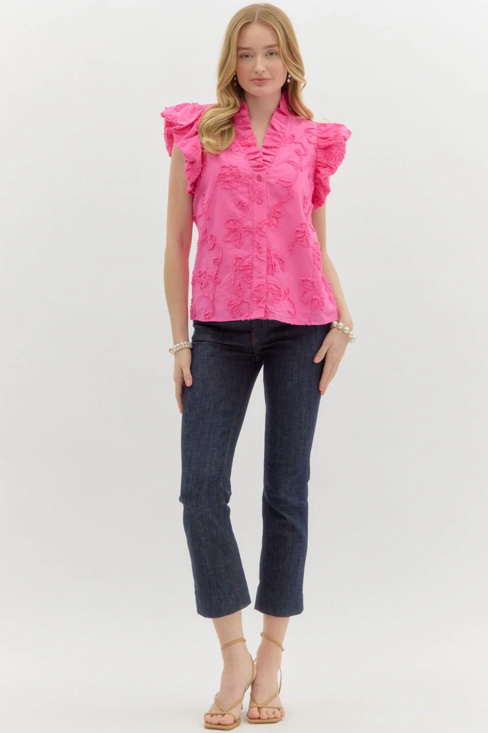 Addison Solid Cotton Floral Appliqué Bubble Flutter Sleeve Top - Image 10