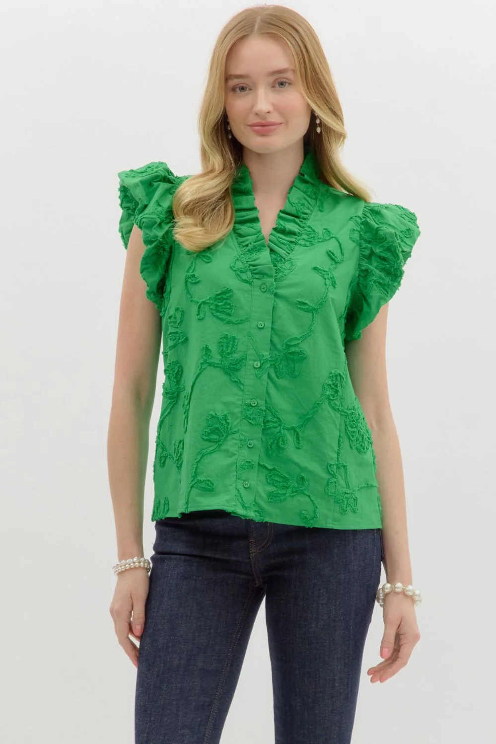 Addison Solid Cotton Floral Appliqué Bubble Flutter Sleeve Top - Image 5
