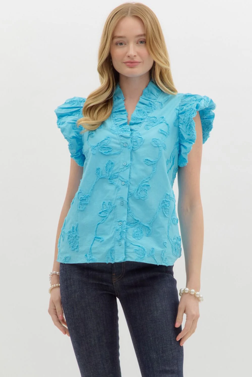 Addison Solid Cotton Floral Appliqué Bubble Flutter Sleeve Top - Image 7