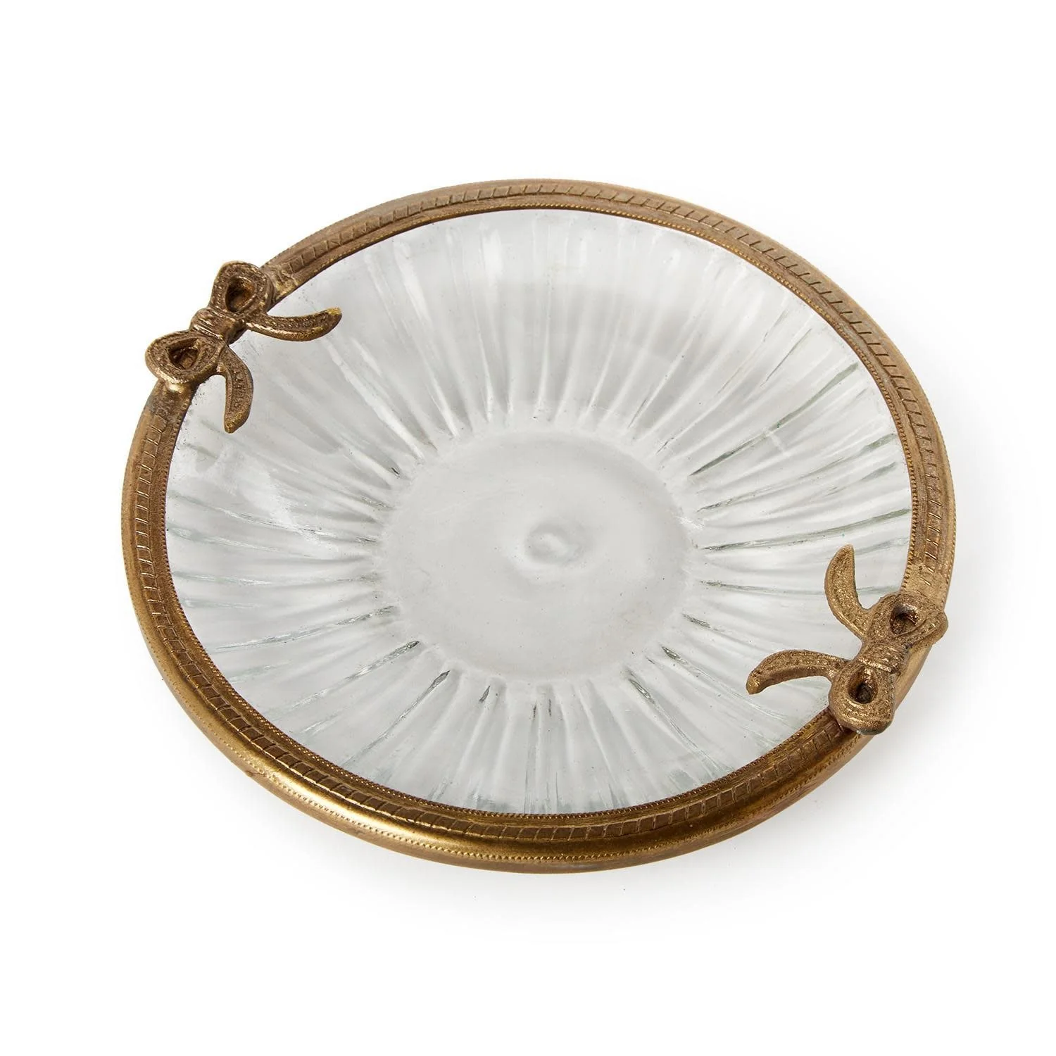 Antique Gold Finish Round Glass Trinket Tray w/Bow Accent - Image 2