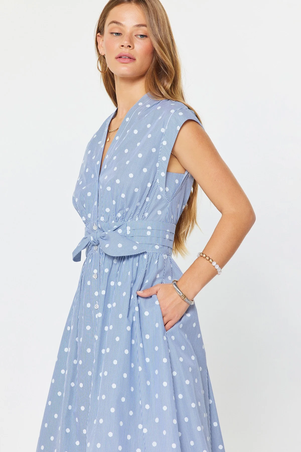 Audrey Striped Polka Dot Button Down Midi Dress - Image 4