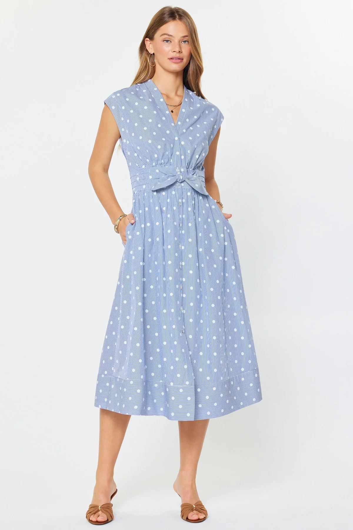 Audrey Striped Polka Dot Button Down Midi Dress - Image 5