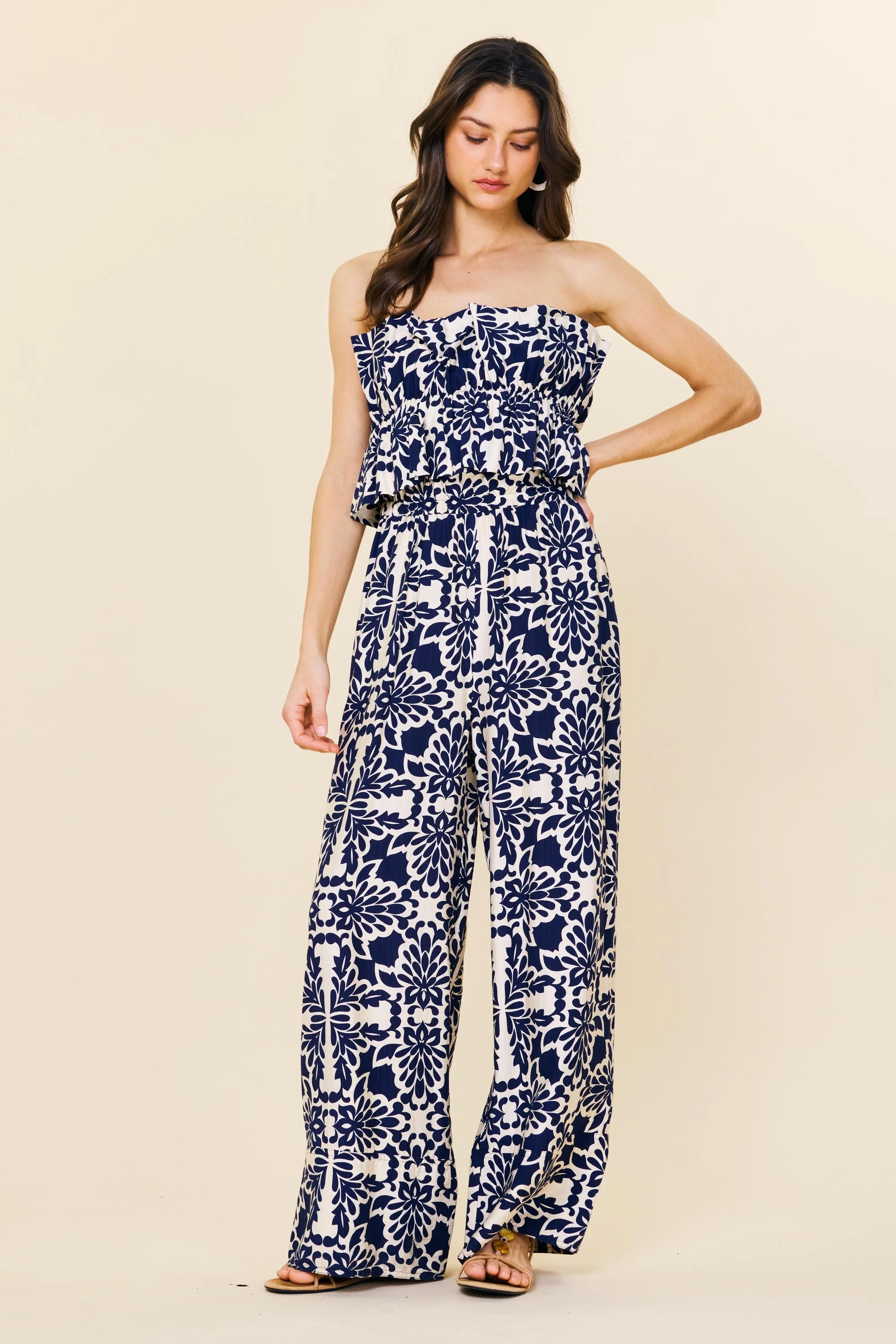 Avery Printed Wide Leg Strapless Jumpsuit