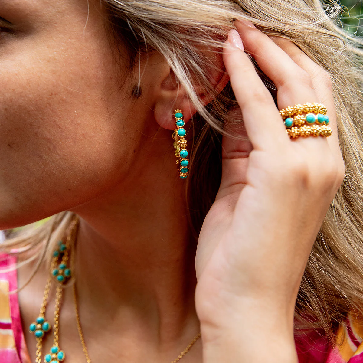 Berry Gem Medium Hoop Earrings - Turquoise - Image 3