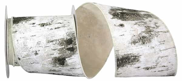 Birch Tree Bark Forest Wired Edge Ribbon - White