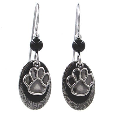 Black Paw Print on Layered Oval Drop Earrings