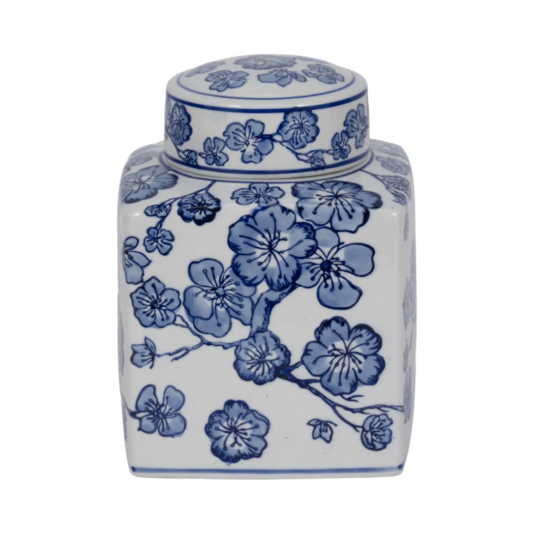 Blue/White 8 in. Square Cherry Blossom Chinoiserie Jar