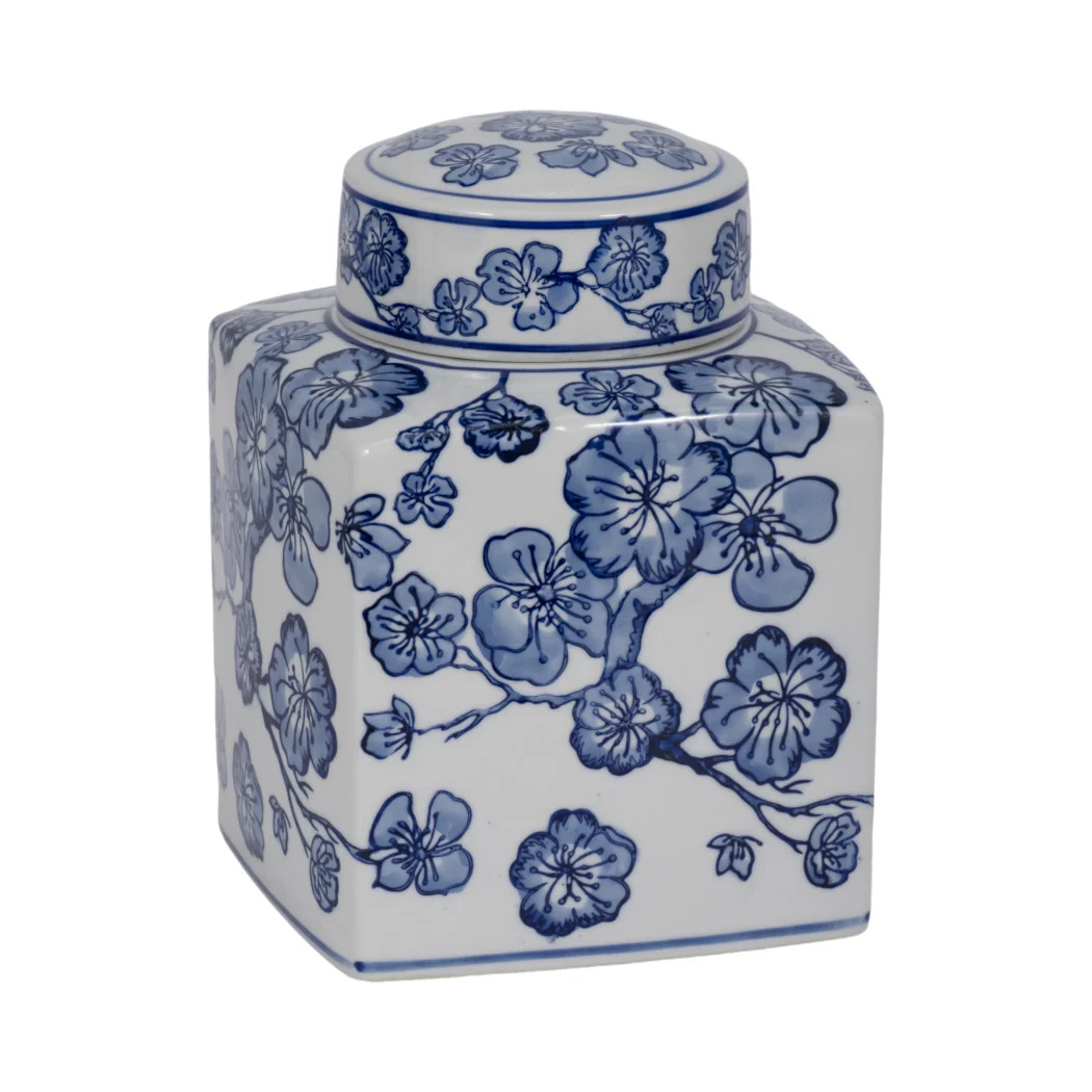 Blue/White 8 in. Square Cherry Blossom Chinoiserie Jar - Image 2