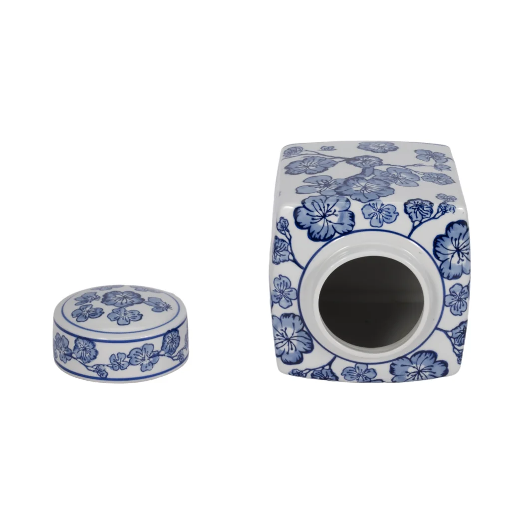 Blue/White 8 in. Square Cherry Blossom Chinoiserie Jar - Image 3