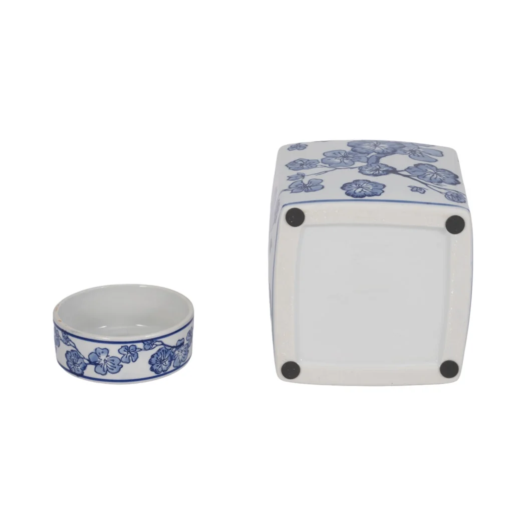 Blue/White 8 in. Square Cherry Blossom Chinoiserie Jar - Image 4