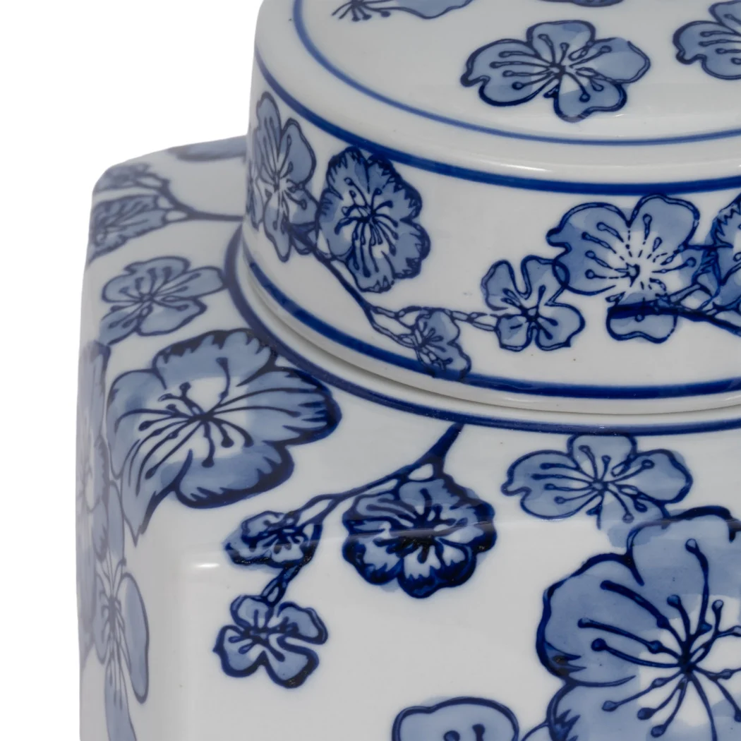 Blue/White 8 in. Square Cherry Blossom Chinoiserie Jar - Image 5
