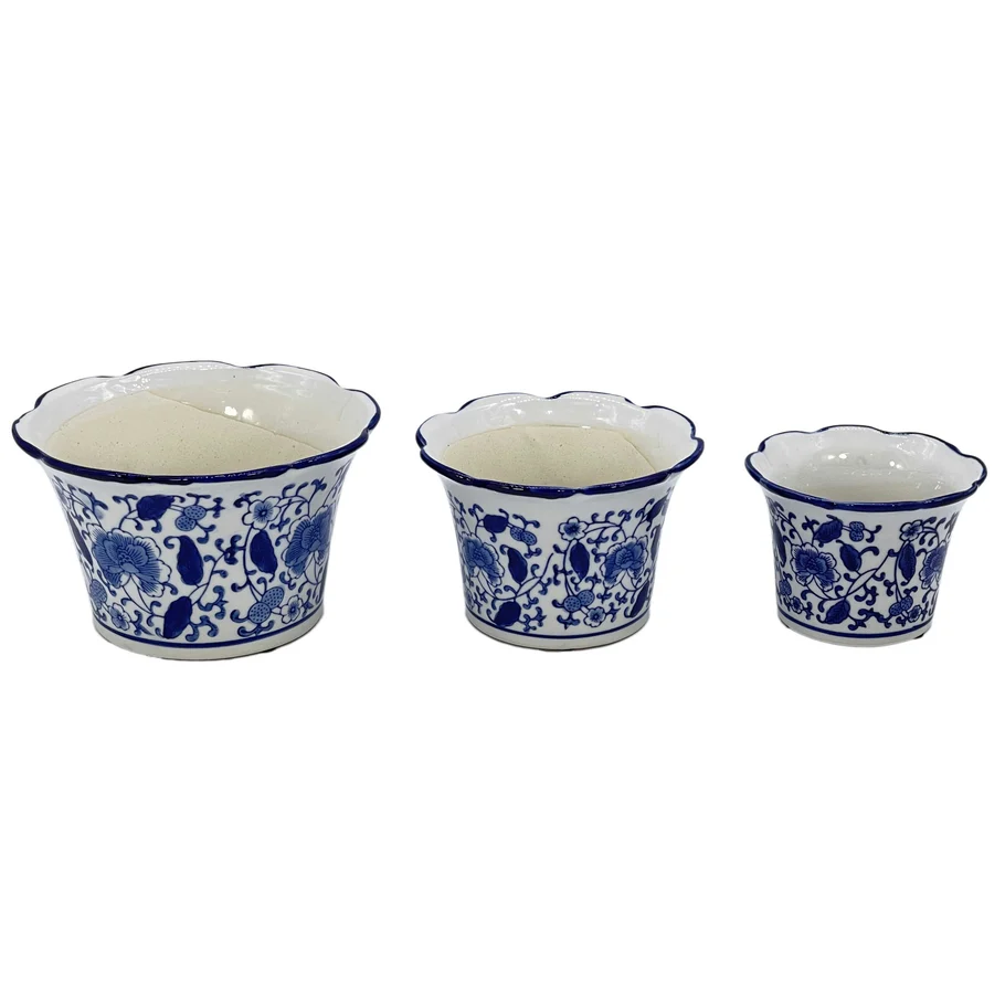 Blue & White Floral Ceramic Pot Ruffled Lip Style2 - Sold Individually - Image 2