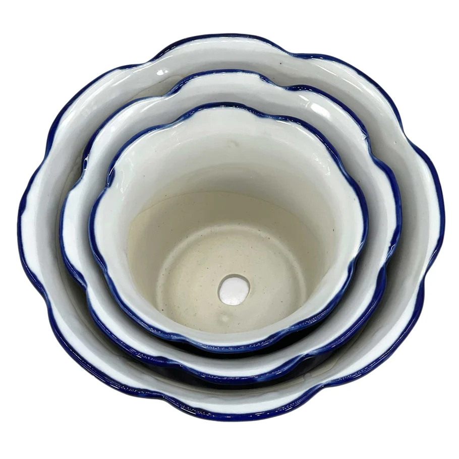 Blue & White Floral Ceramic Pot Ruffled Lip Style2 - Sold Individually - Image 3