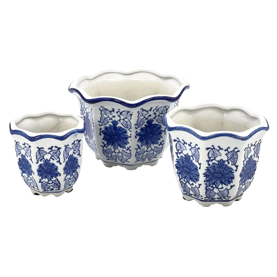 Blue & White Floral Ceramic Pots Ruffled Lip Style3 - Sold Individually - Image 2