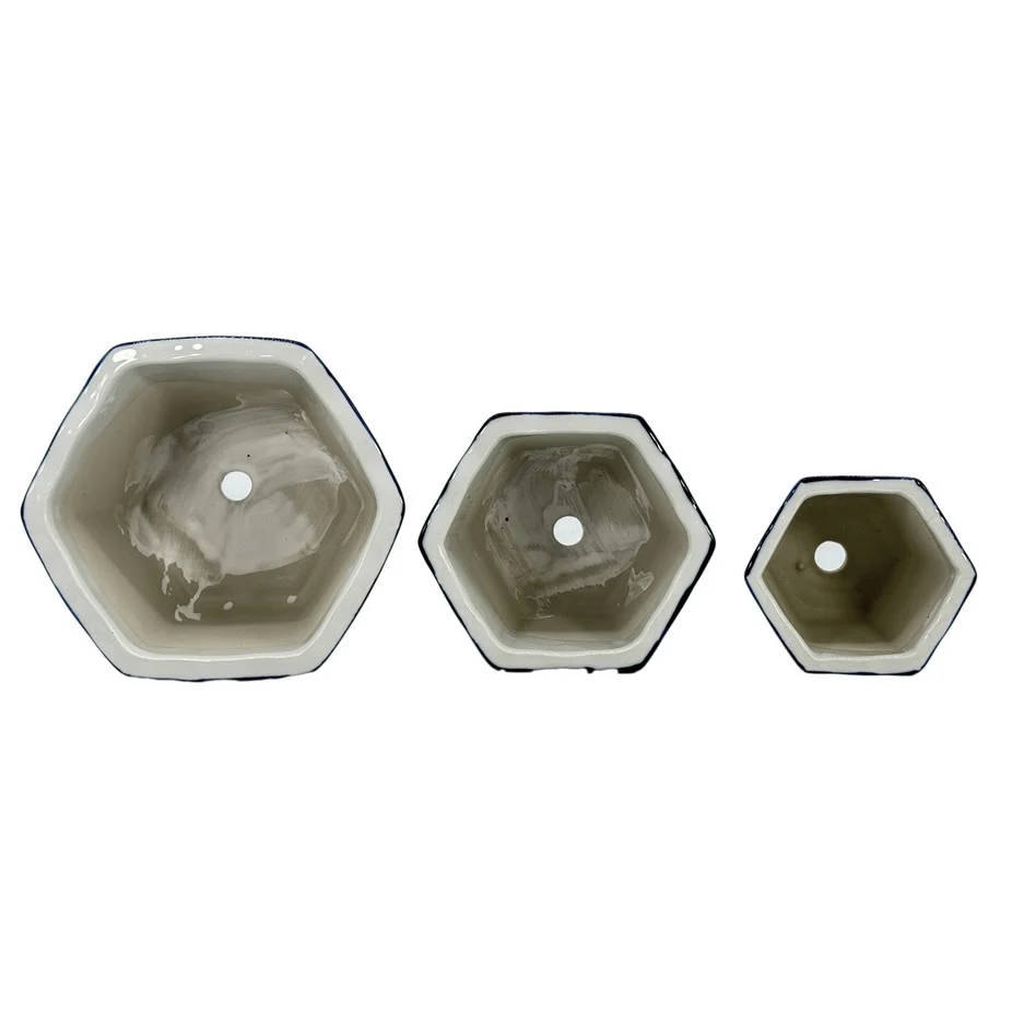 Blue & White Hexagon Floral Ceramic Ruffled Lip - Sold Individually - Image 3
