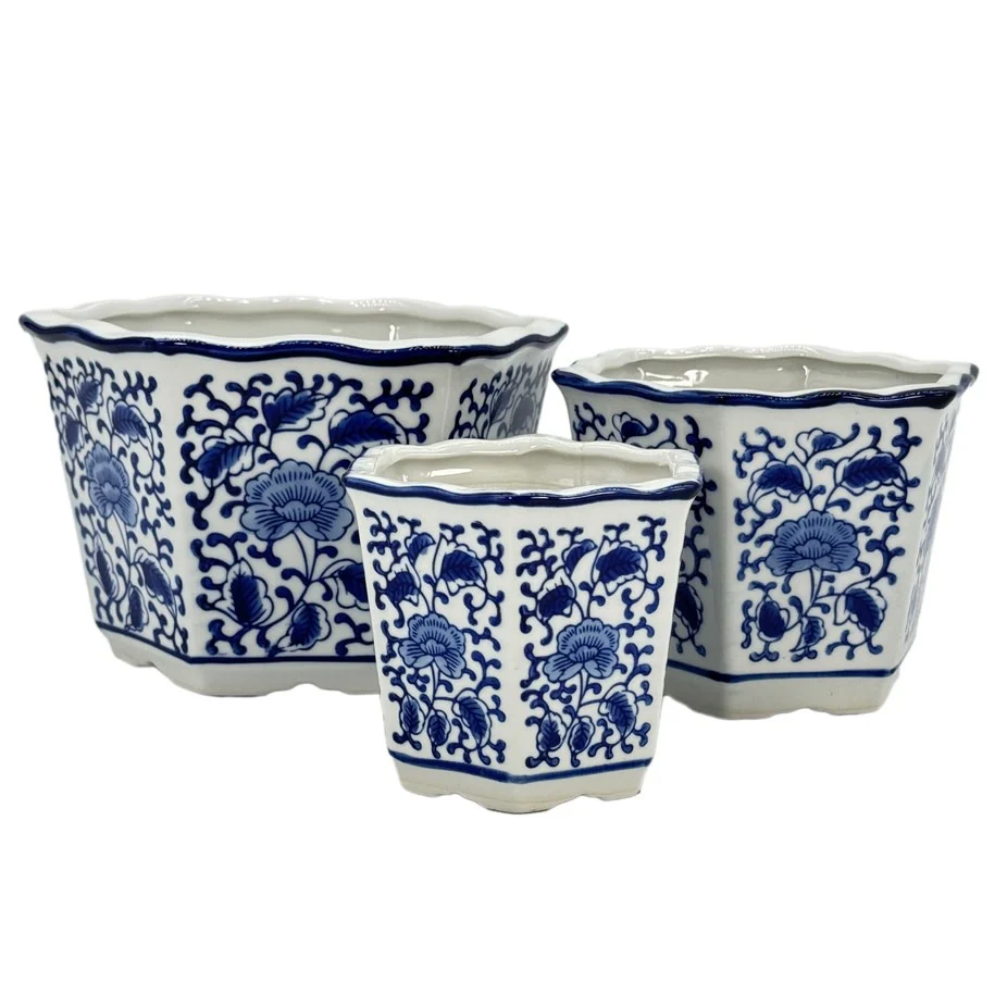 Blue & White Hexagon Floral Ceramic Ruffled Lip - Sold Individually - Image 4