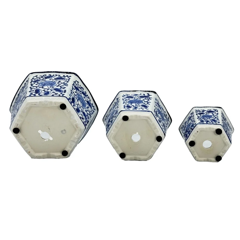 Blue & White Hexagon Floral Ceramic Ruffled Lip - Sold Individually - Image 5