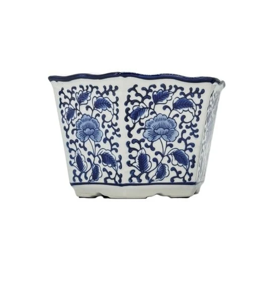 Blue & White Hexagon Floral Ceramic Ruffled Lip - Sold Individually - Image 6