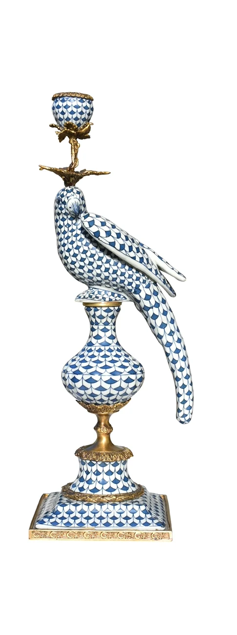 Blue/White Porcelain Fish Scale Bronze Bird Candlestick Left Facing