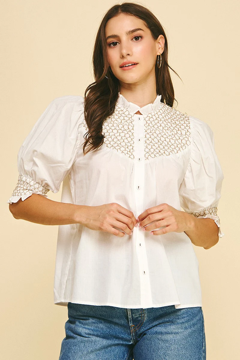 Camila Embroidered Button Down Blouse Top - Image 2