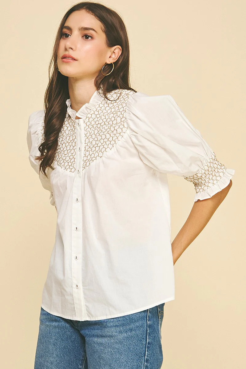Camila Embroidered Button Down Blouse Top - Image 3