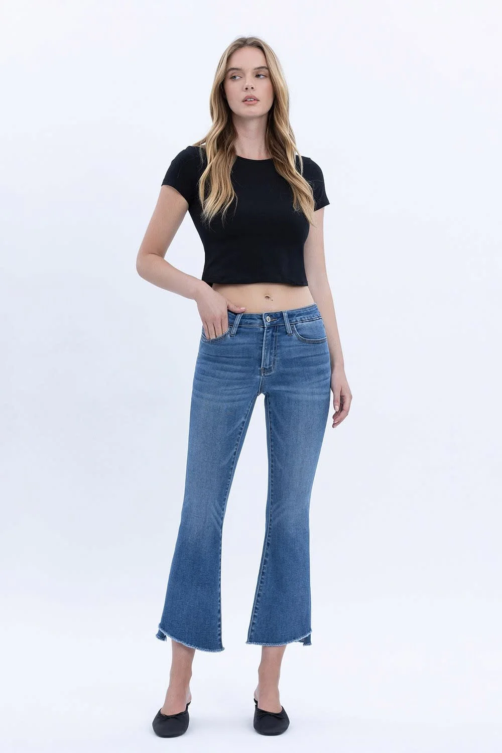 Carmen Mid Rise Raw Step Hem Crop Flare Jeans - Image 4