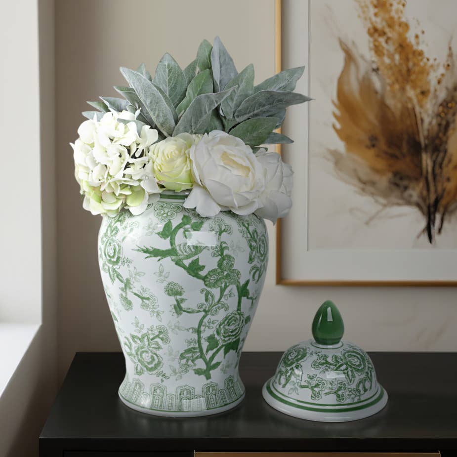 Ceramic Bird Flower Decorative Temple Jar - Green, 18 in. - Image 5
