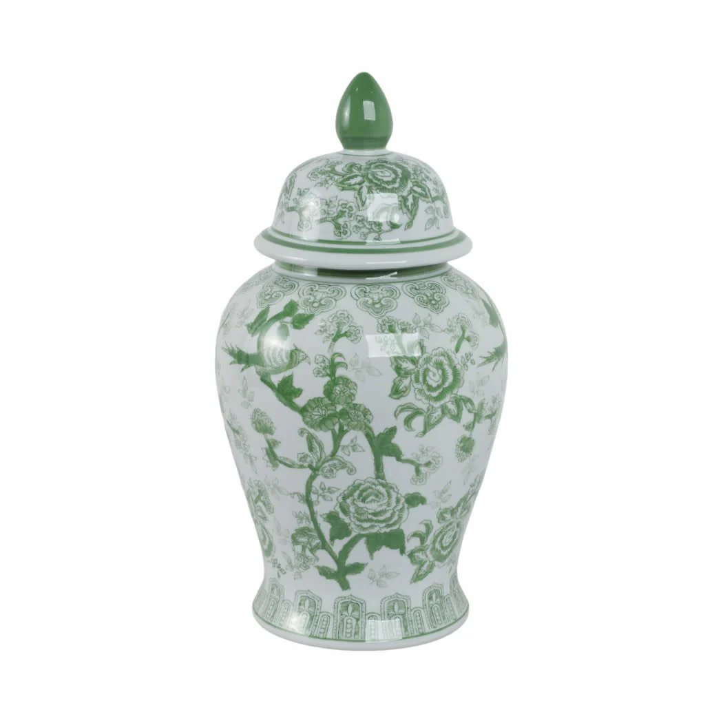 Ceramic Bird Flower Decorative Temple Jar - Green, 18 in. - Image 6