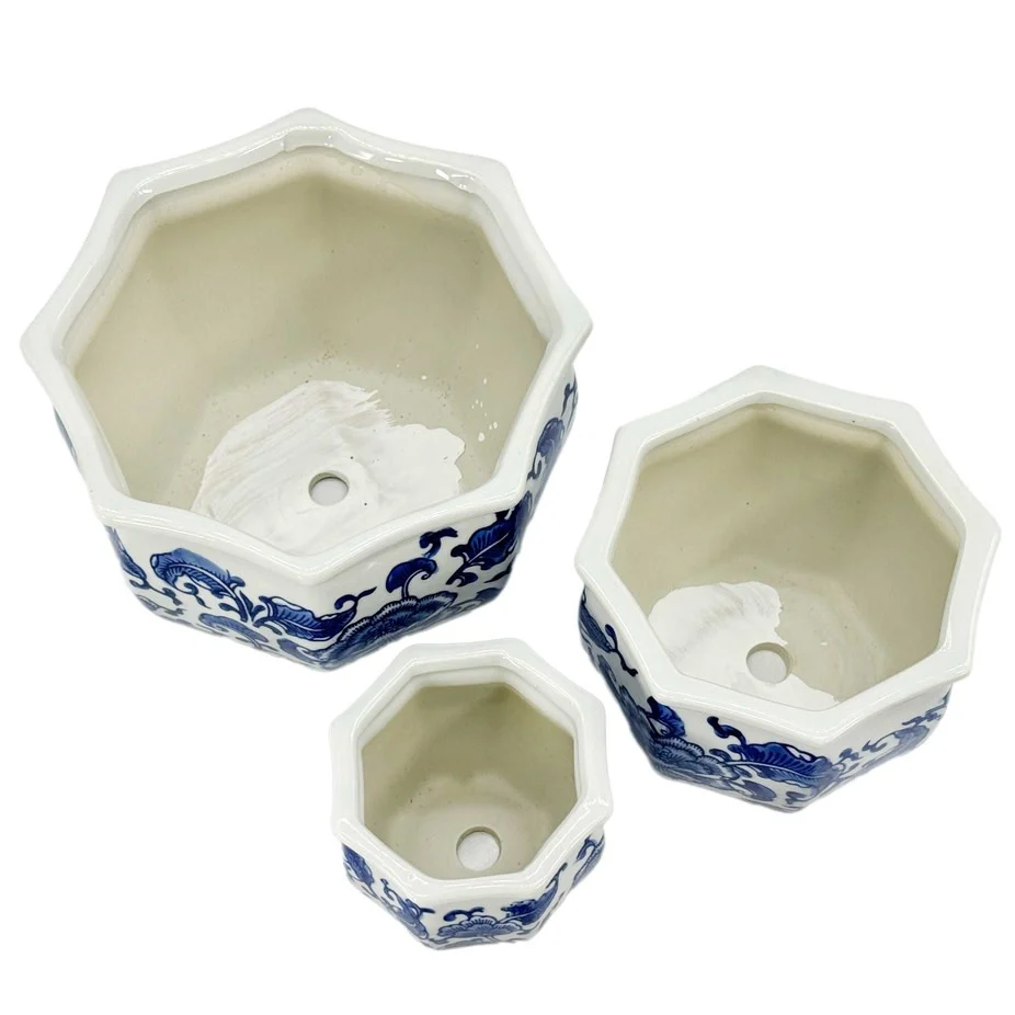 Ceramic Chinoiserie Planter Pot Round Hexagon Pot Fluted Edge - Sold Individually - Image 2