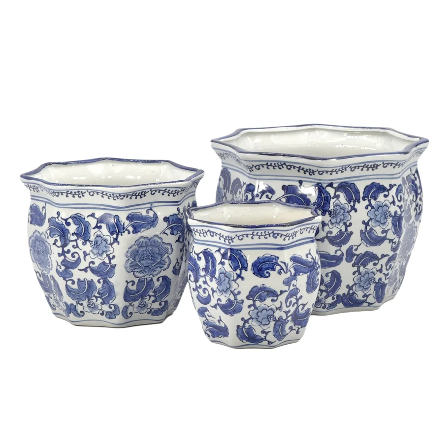 Ceramic Chinoiserie Planter Pot White & Blue - Classic Floral - Sold Individually