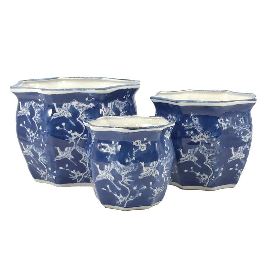Ceramic Chinoiserie Planter Pot White & Blue Crane - Sold Individually - Image 3