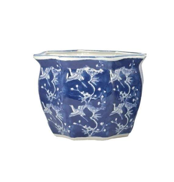 Ceramic Chinoiserie Planter Pot White & Blue Crane - Sold Individually - Image 5