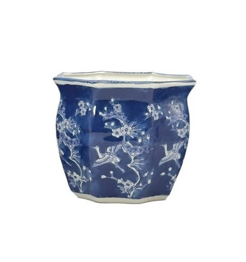 Ceramic Chinoiserie Planter Pot White & Blue Crane - Sold Individually - Image 6