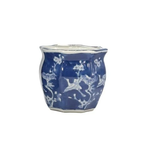 Ceramic Chinoiserie Planter Pot White & Blue Crane - Sold Individually - Image 7