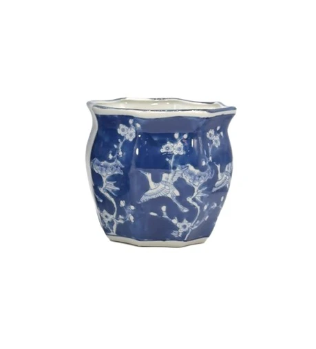 Ceramic Chinoiserie Planter Pot White & Blue Crane - Sold Individually - Image 9