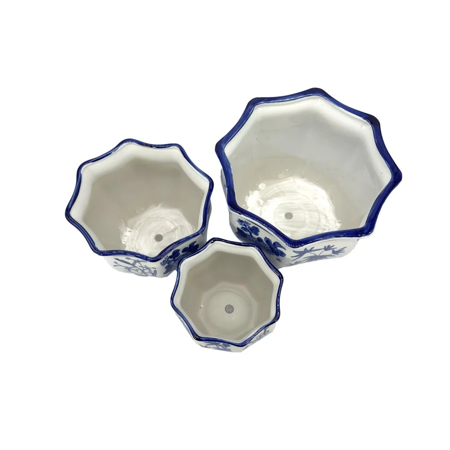 Ceramic Chinoiserie Planter Pot White & Blue Round Hex - Sold Individually - Image 10