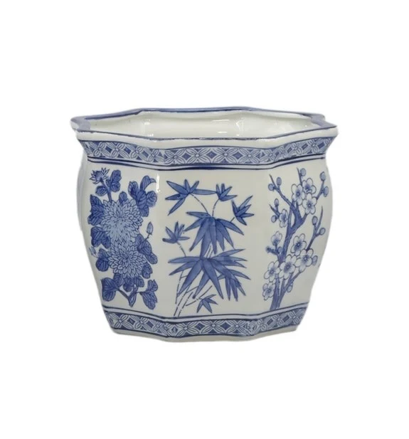 Ceramic Chinoiserie Planter Pot White & Blue Round Hex - Sold Individually - Image 12